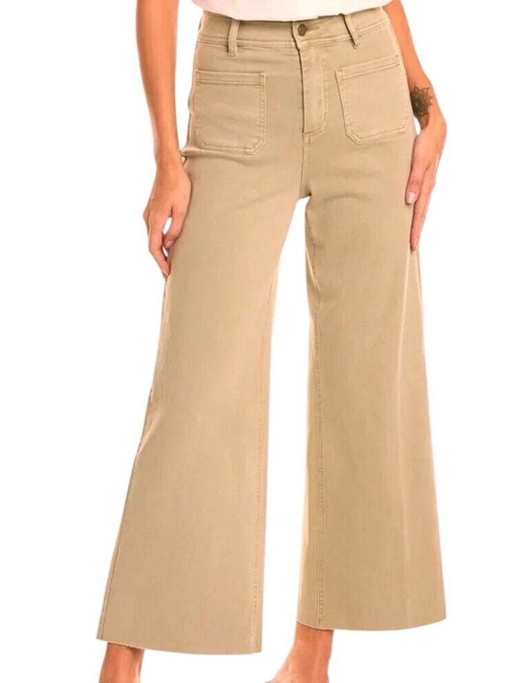 OAT New York High Rise Wide Leg Utility Pants Front Patch Pockets Raw Hem